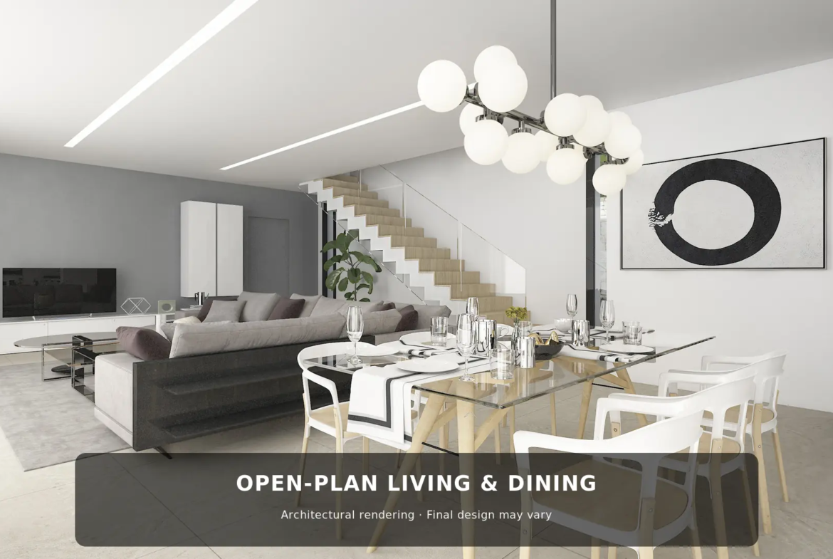 Open-plan living and dining area of villa in Cumbre del Sol