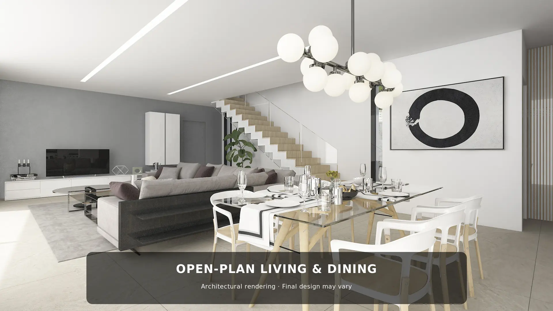 Open-plan living and dining area of villa in Cumbre del Sol