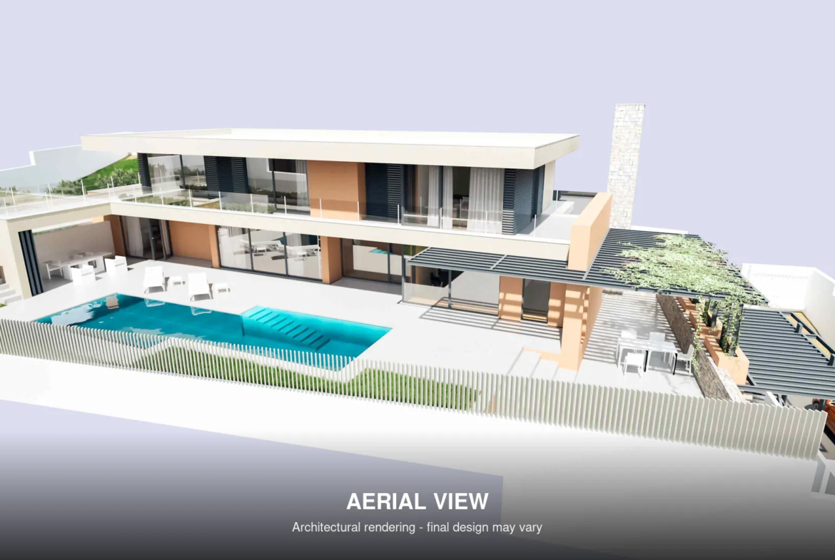 Aerial architectural rendering of modern villa in Moraira