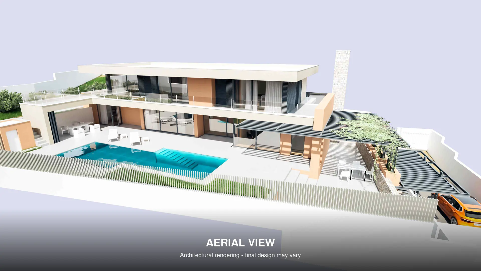 Aerial architectural rendering of modern villa in Moraira
