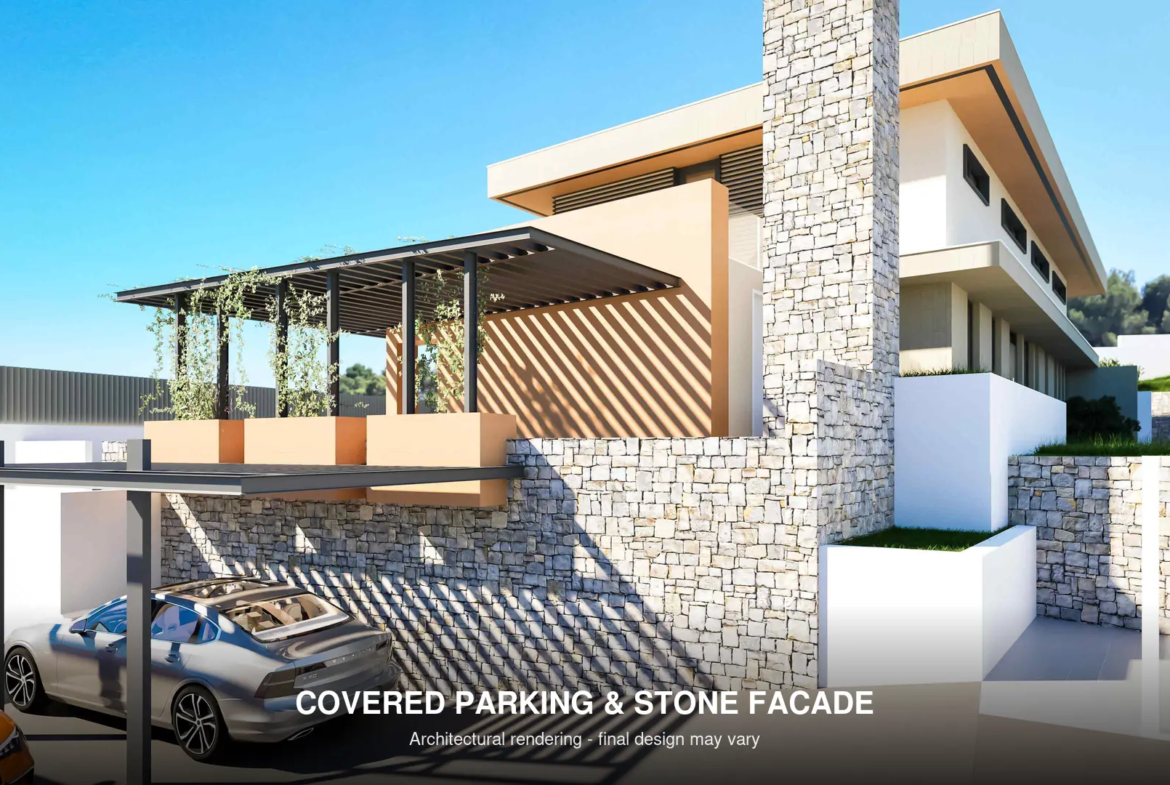 Covered parking and natural stone facade of new-build villa in Benimeit