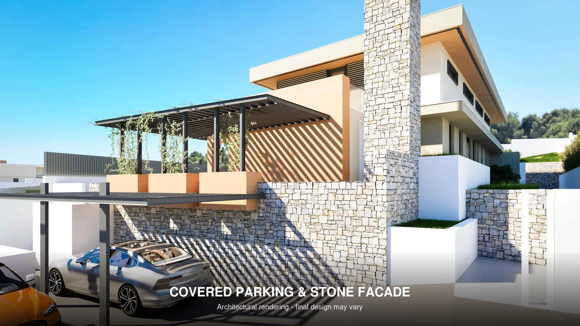 Covered parking and natural stone facade of new-build villa in Benimeit