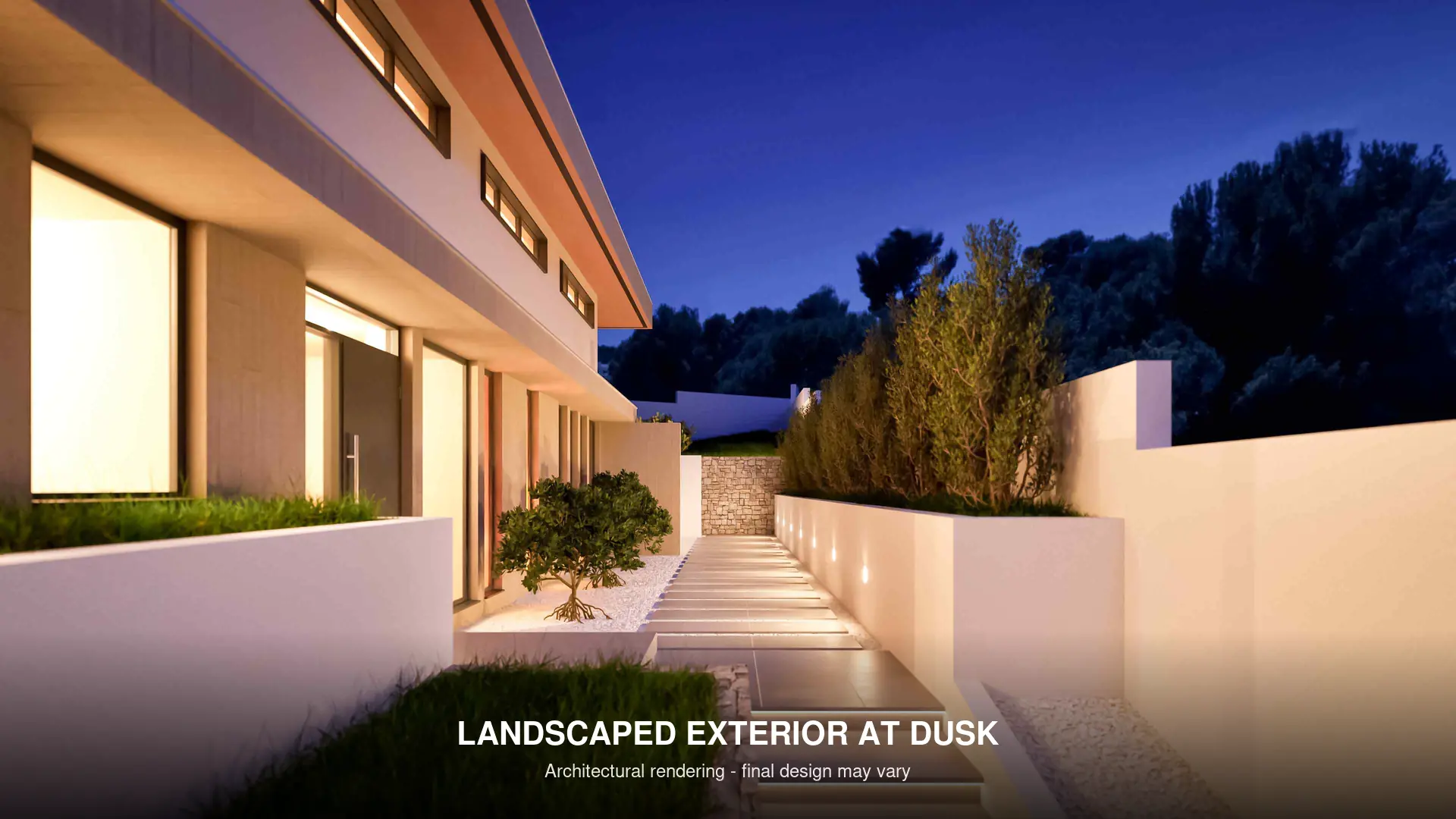 Landscaped exterior of contemporary Moraira villa at dusk